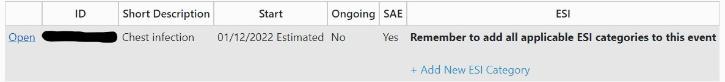 Screenshot of database showing how to enter an ESI form stage 1